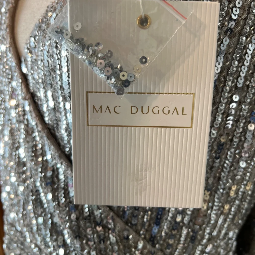 NWT Mac Duggal 93676 [20] Silver Beaded Lace Long Sleeve Midi Dress Cocktail - Picture 12 of 12